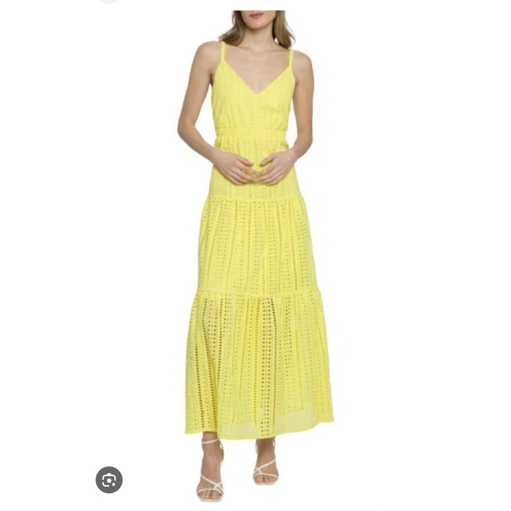 Donna Morgan Maxi Dress Cutout Tiered Eyelet Sundress Yellow Cotton 16 New